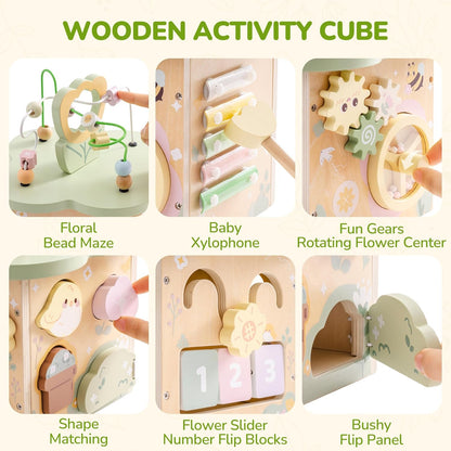 ROBUD Wooden Activity Cube, Educational Wooden Toys with 7 Functional Areas, Montessori Toys for 1+ Year Old Boys & Girls, Flower Bush Theme