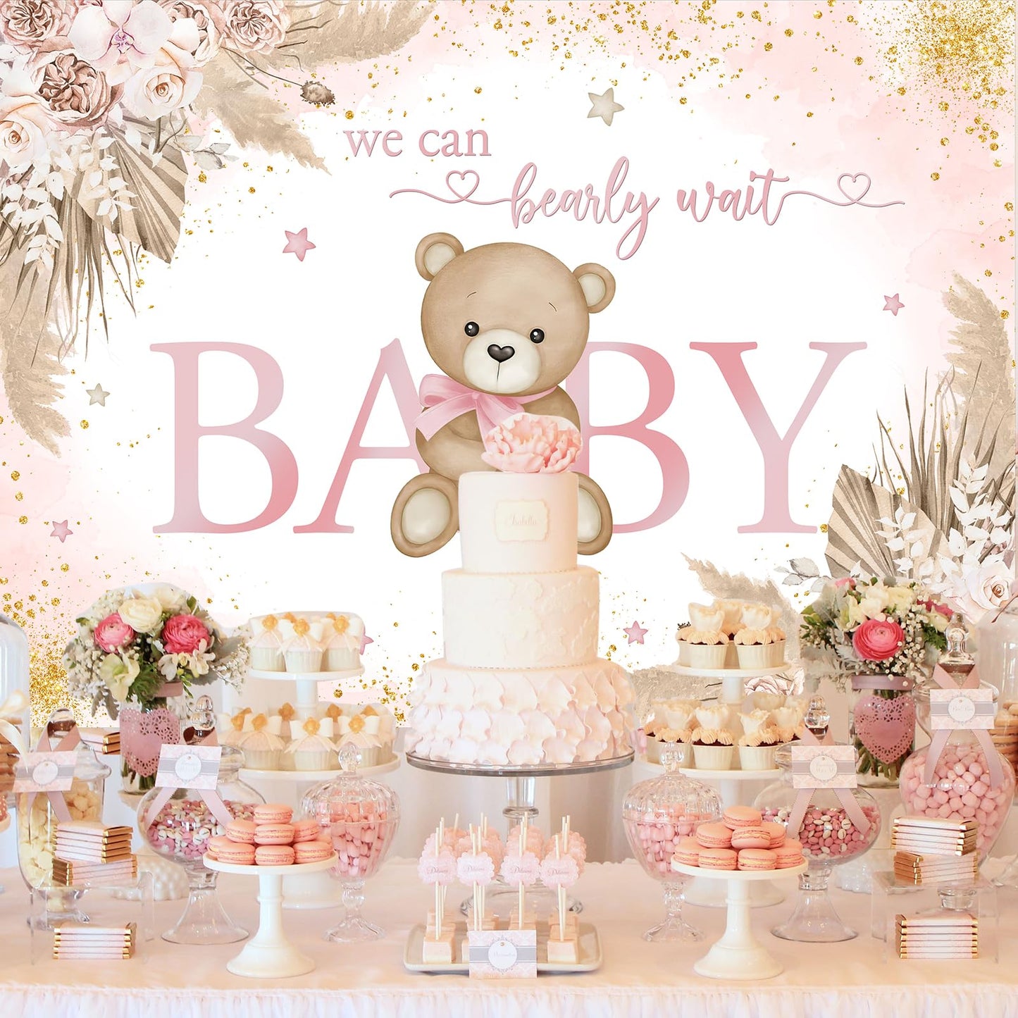Mocsicka Girl Bear Backdrop Pink Boho Pampas Grass Background We Can Bearly Wait Baby Shower Party Cake Table Decoration Photo Booth Props (7x5ft)