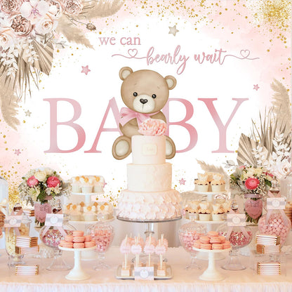 Mocsicka Girl Bear Backdrop Pink Boho Pampas Grass Background We Can Bearly Wait Baby Shower Party Cake Table Decoration Photo Booth Props (7x5ft)