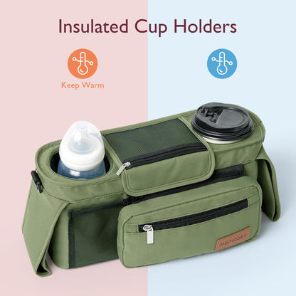 Momcozy Universal Stroller Organizer, 2 Insulated Cup Holders, Removable Zip Pocket, Adjustable Straps, Large Capacity Baby Essentials Compact Design, Fits Any Stroller (Multicolor)