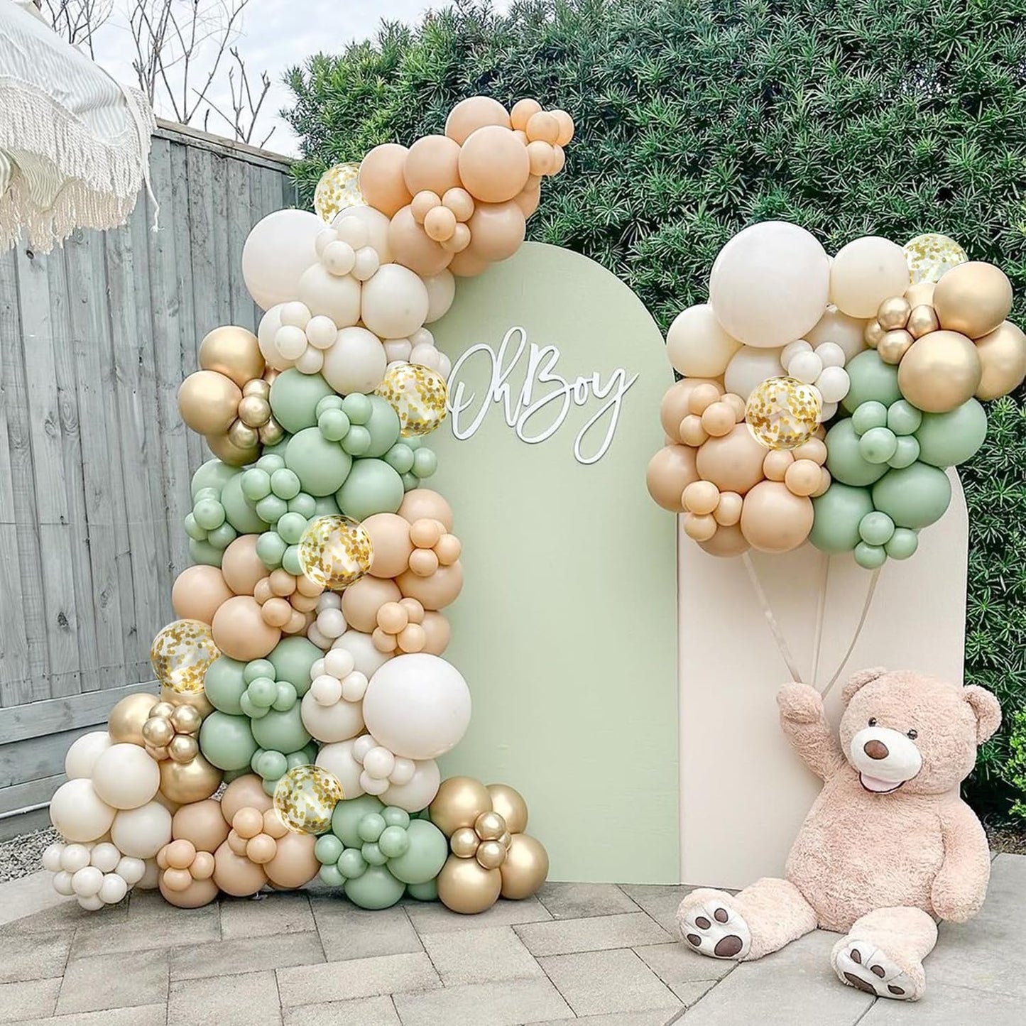 Sage Green Pink Balloon Arch Kit, Olive Green Light Pink Sand White Blush Metallic Gold Balloons with Gold Confetti Balloons for Girl Birthday Woodland Baby Shower Jungle Safari Decorations
