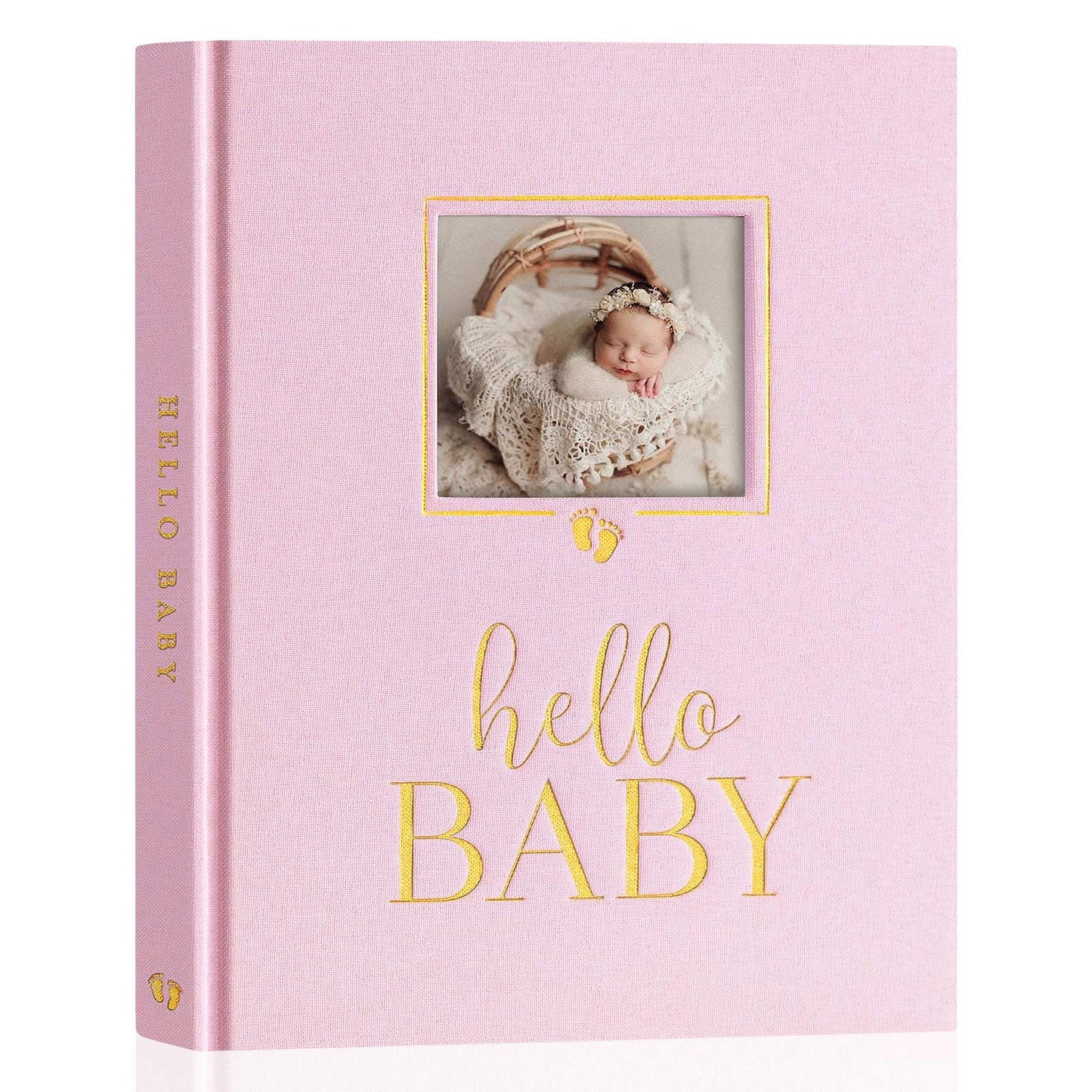 Lanpn Hello Baby Memory Book, Newborn First 5 Year Keepsake with DIY Window, Linen Baby Book Memories Journal Scrapbook Photo Book, Baby Milestone Album for Boy Girl New Parents (Beige, 154 Pages)
