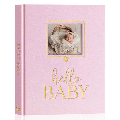 Lanpn Hello Baby Memory Book, Newborn First 5 Year Keepsake with DIY Window, Linen Baby Book Memories Journal Scrapbook Photo Book, Baby Milestone Album for Boy Girl New Parents (Beige, 154 Pages)