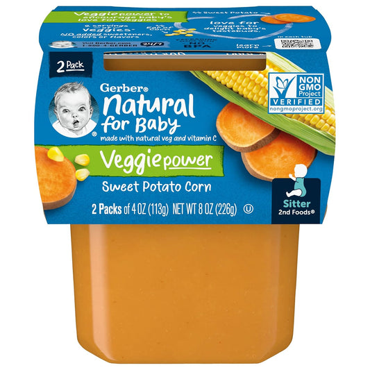 Gerber Baby Food 2nd Foods Blends, Sweet Potato Corn Puree, Veggie Power, Natural & Non-GMO, 4 Ounce Tubs, 2-Pack