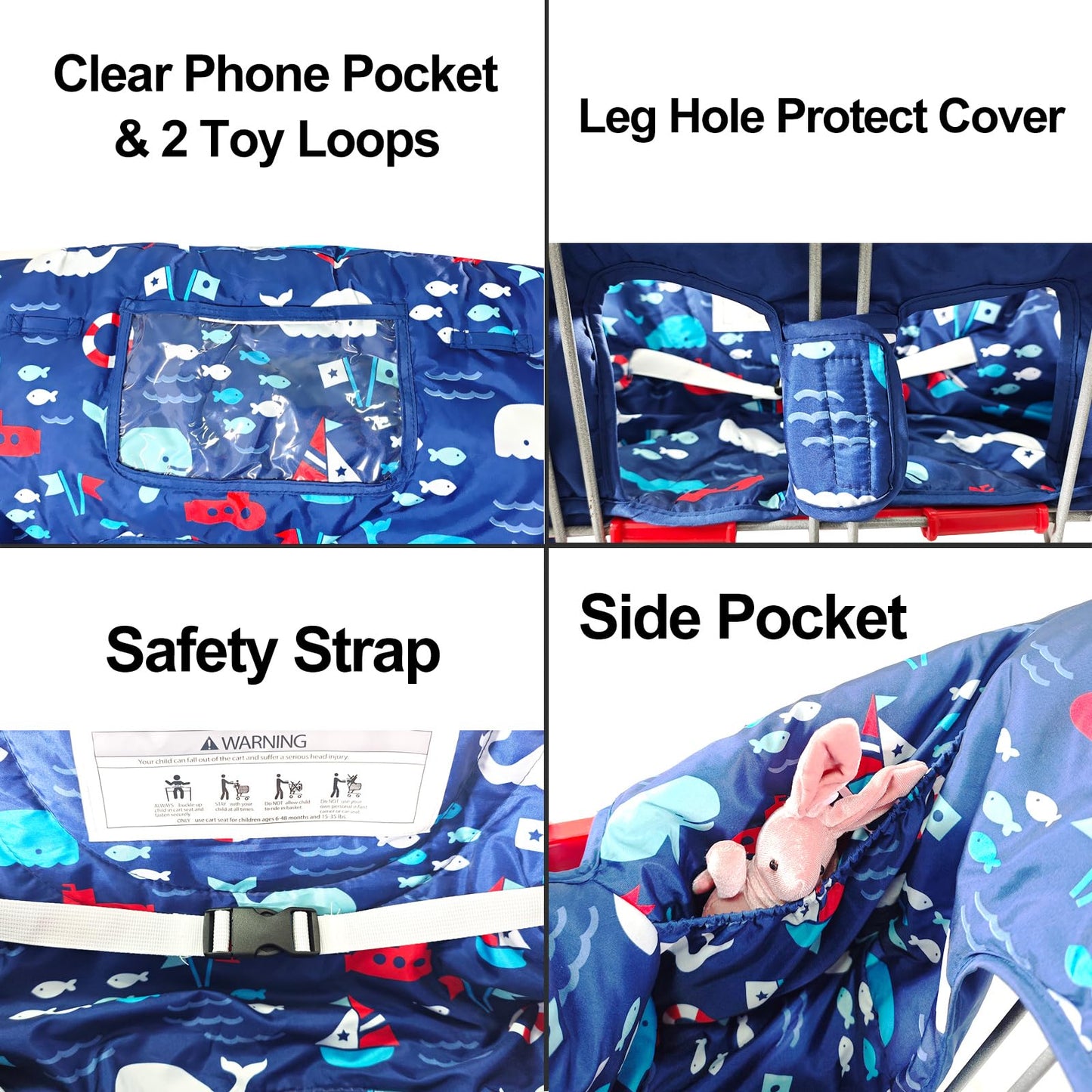 Soft Pillow Attached 2-in-1 Shopping Cart and High Chair Cover for Baby, Cotton Padded Cart Cover, Fold'n Roll Style, Portable with Carry Bag (Blue Elephant)
