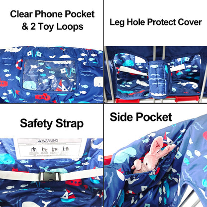 Soft Pillow Attached 2-in-1 Shopping Cart and High Chair Cover for Baby, Cotton Padded Cart Cover, Fold'n Roll Style, Portable with Carry Bag (Blue Elephant)