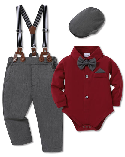 WESIDOM Baby Boy Clothes 0-18M Newborn Infant Gentleman Outfit, Shirt+Bowtie+Beret+Suspender Pant Baby boy Suit Clothing Set