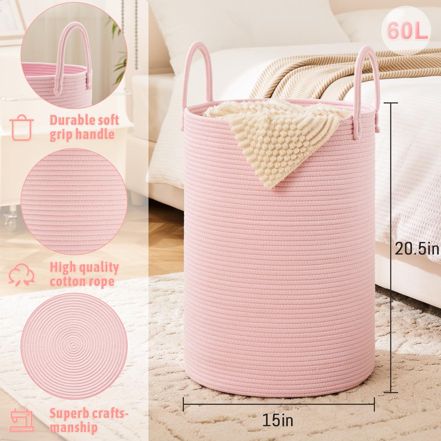 Laundry Basket,Woven Cotton Rope Laundry Hamper,60L for Decor Storage of Dirty Clothes,Toys and Blankets in Bathroom,Baby Room and Living Room