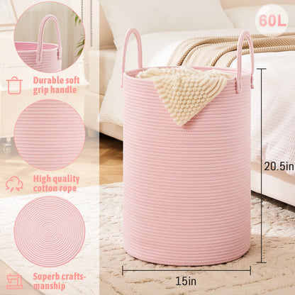Laundry Basket,Woven Cotton Rope Laundry Hamper,60L for Decor Storage of Dirty Clothes,Toys and Blankets in Bathroom,Baby Room and Living Room
