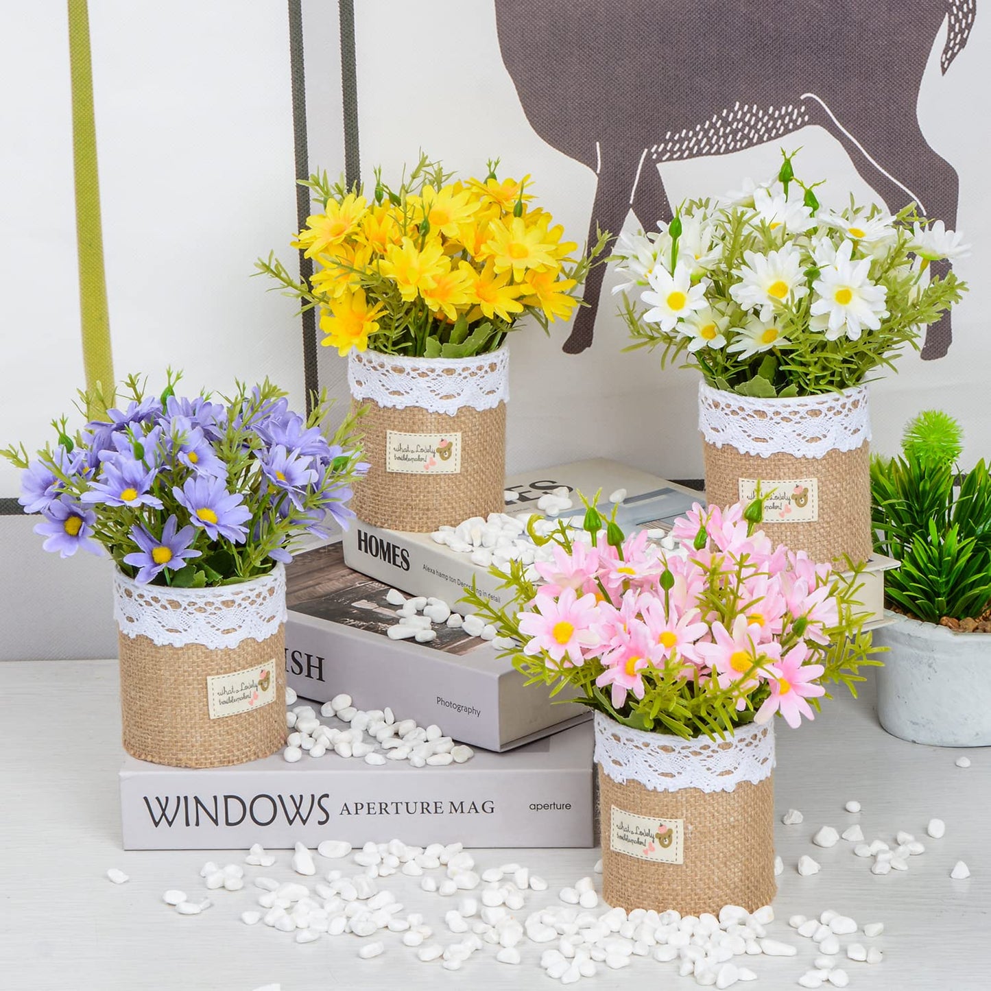 XONOR Artificial Flower Plants – Mini Fake Hydrangea Flowers in Pot for Home Decor Party Wedding Office Patio Table Desk Decoration, Set of 4, 3.3''(D) x 5.5''(H)