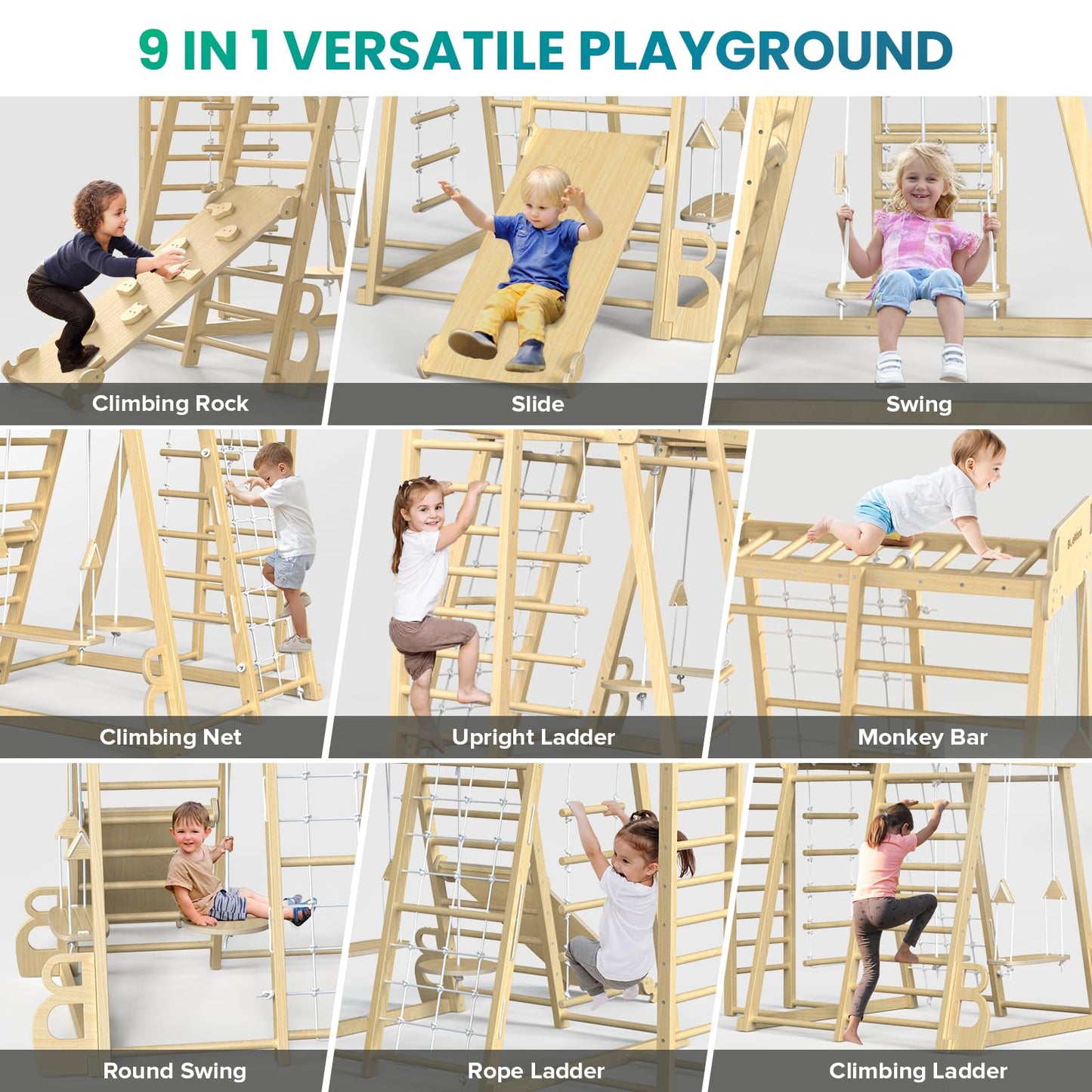 Upgraded Indoor Playground 9-in-1 Jungle Gym Kids Climbing Toys, Montessori Philosophy Waldorf Style Wooden Climber Playset with Slide, Swing, Monkey Bars, Upright/Rope Ladder, Climb Net, Rainbow