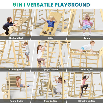 Upgraded Indoor Playground 9-in-1 Jungle Gym Kids Climbing Toys, Montessori Philosophy Waldorf Style Wooden Climber Playset with Slide, Swing, Monkey Bars, Upright/Rope Ladder, Climb Net, Rainbow