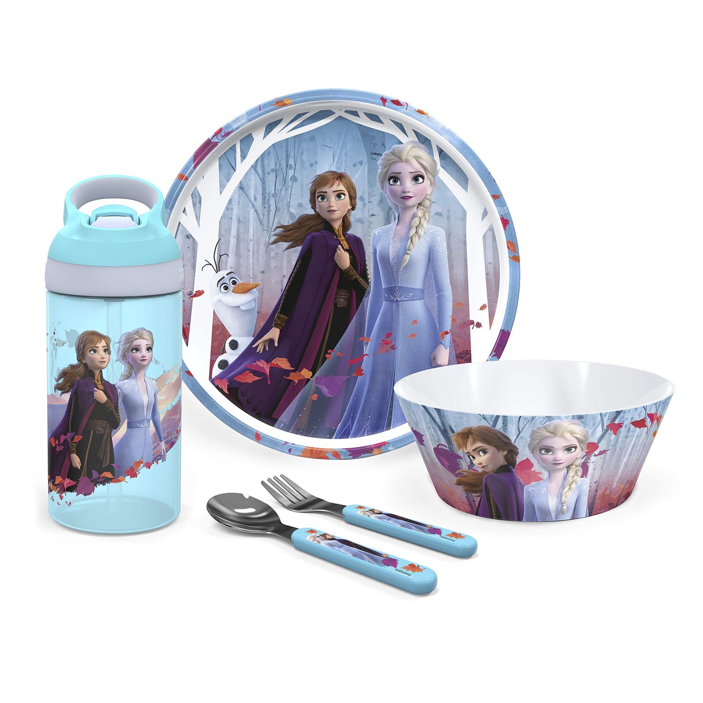 Zak Designs 5-Piece Dinnerware Set, Baby Shark - Durable Plastic & Stainless Steel - Includes Water Bottle, 8-Inch Plate, 6-Inch Bowl, Fork & Spoon - Suitable for Kids Ages 3+