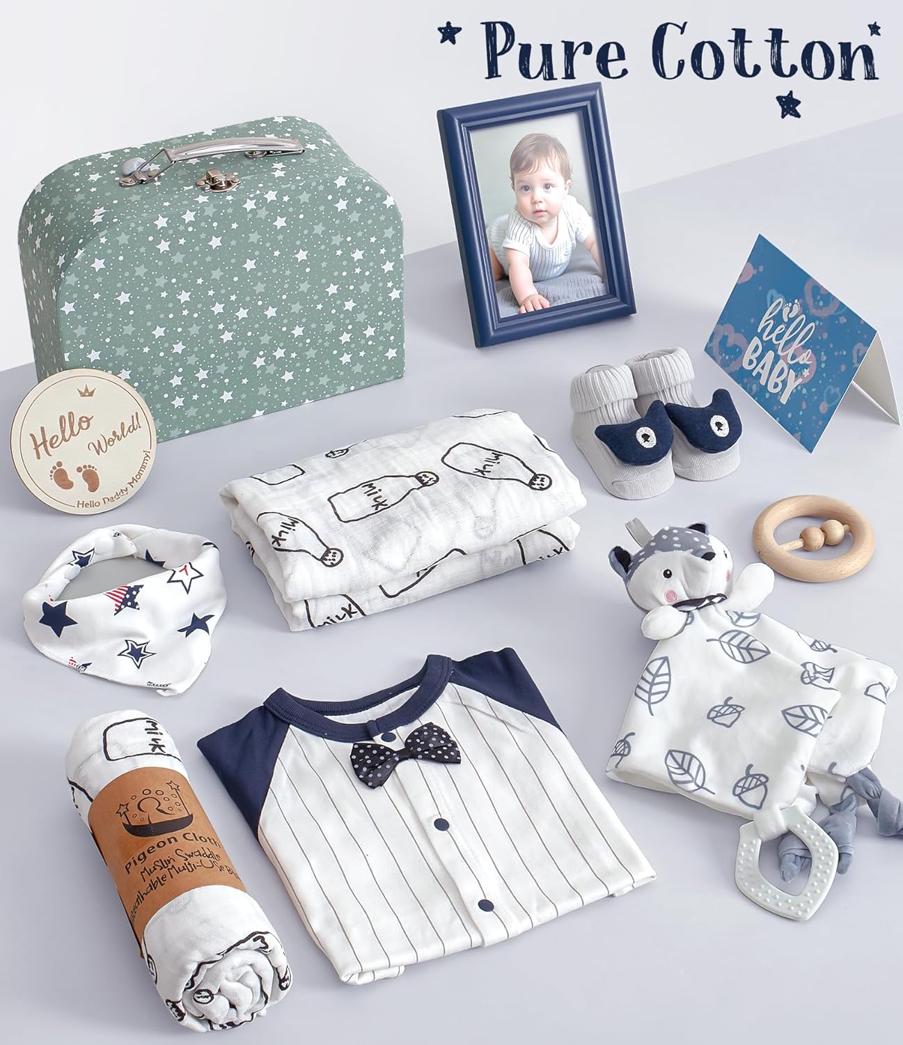 Golray Baby Boy Gifts for Baby Shower, 10pcs Newborn Essential with Fox Lovey/Blanket/Onesie/Wooden Rattle/Socks/Bib/Suitcase, Welcome Baby Gift Box Gender Reveal Infant Boy Gift Basket Set 0-6 Month