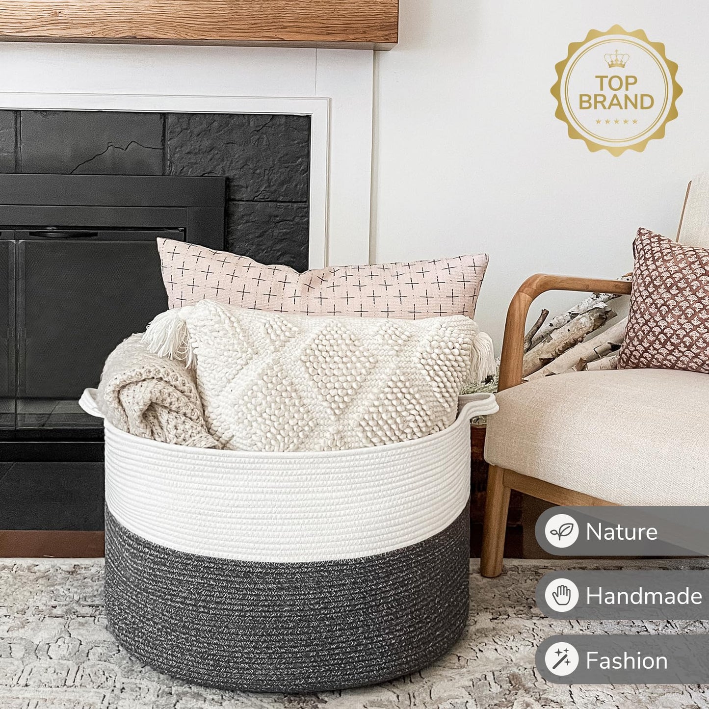 INDRESSME XXXLarge Cotton Rope Basket 21.7" x 21.7" x 13.8" Woven Baby Laundry Blanket Basket Toy Baskets with Handle Storage Comforter Cushions Thread Laundry Hamper