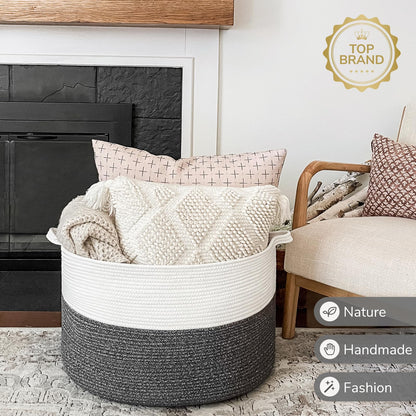 INDRESSME XXXLarge Cotton Rope Basket 21.7" x 21.7" x 13.8" Woven Baby Laundry Blanket Basket Toy Baskets with Handle Storage Comforter Cushions Thread Laundry Hamper