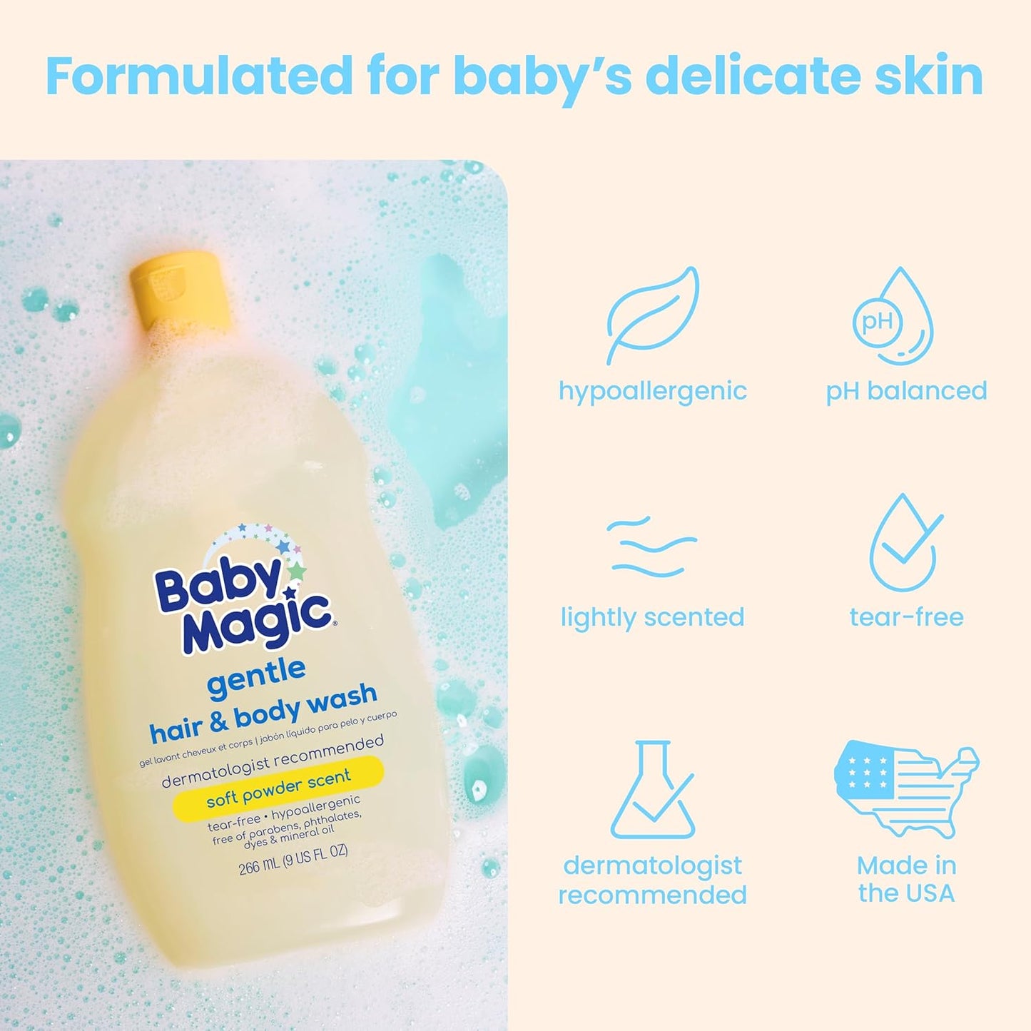 Baby Magic Gentle Hair & Body Wash | Tear-Free, Free of Parabens, Phthalates, Sulfates and Dyes, Calendula Oil & Coconut Oil, Soft Powder Scent, 9 Fl Oz