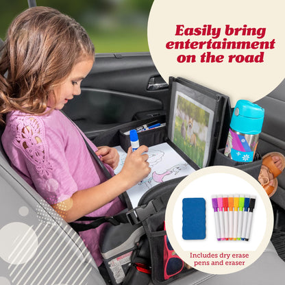 Lusso Gear Kids Travel Tray 2-Pack for Car Seats - Car Seat Tray with Tablet Stand, Mesh Pockets and Cup Holder - Road Trip Essentials Organizer and Activity Desk (Black)