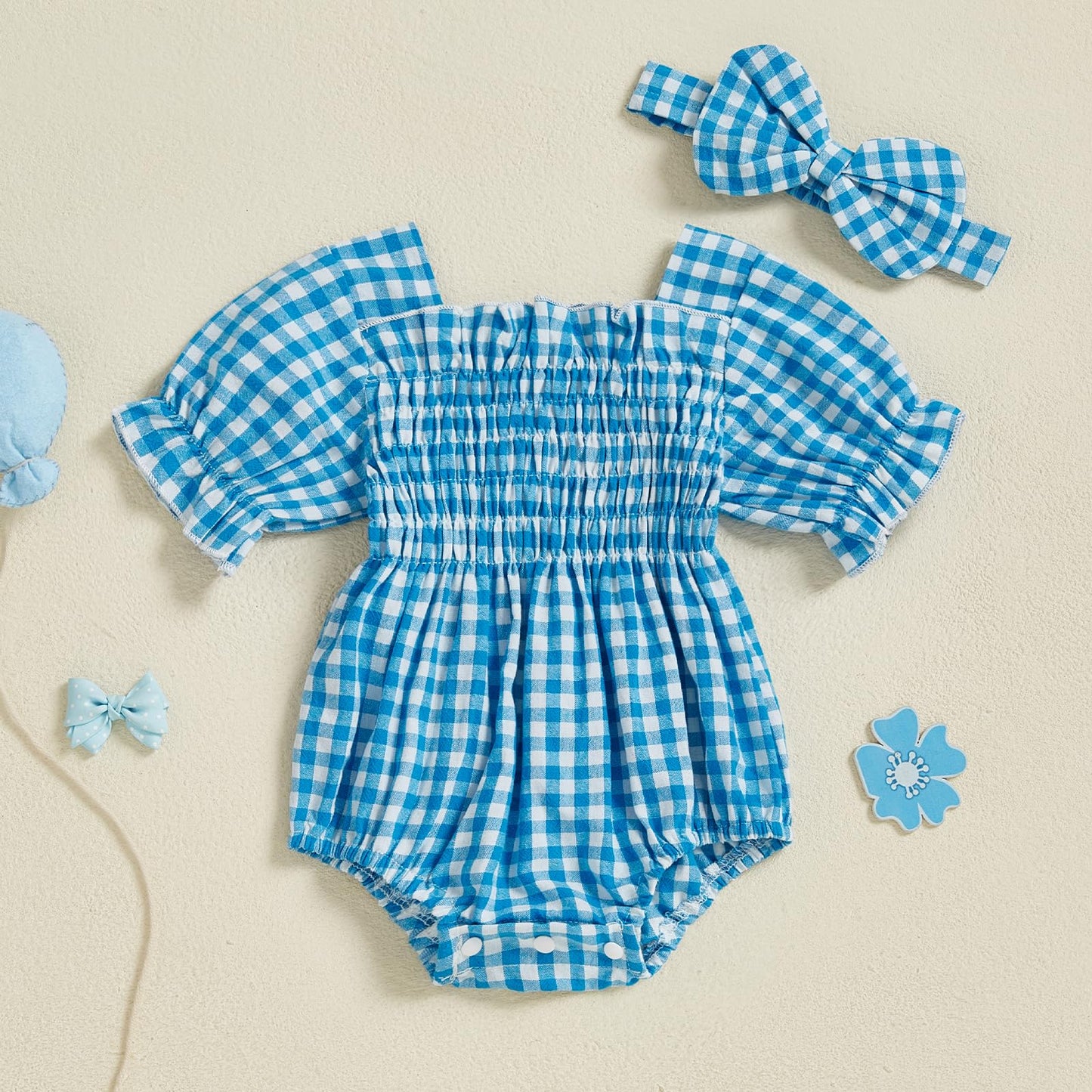 Infant Baby Girls Romper Ruffle Sleeve Pleated Smocked Bubble Plaid One Piece Ruched Jumpsuit Summer Bodysuit
