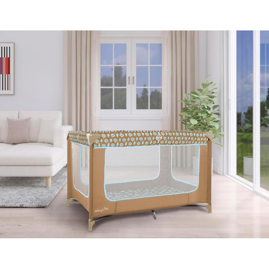 Dream On Me Zodiak Portable Playard in Coffee and Blue, Lightweight, Packable and Easy Setup Baby Playard, Breathable Mesh Sides and Soft Fabric - Comes with a Removable Padded Mat