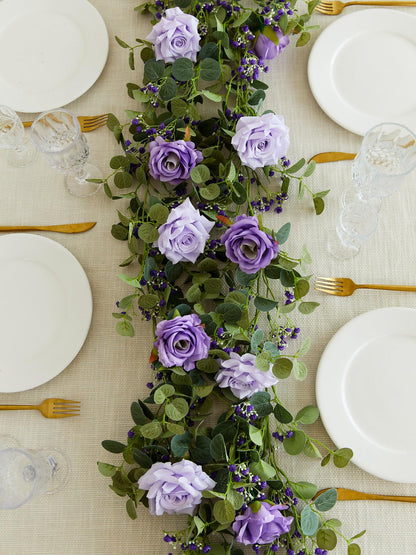 Anna's Whimsy 5.91FT Artificial Eucalyptus Garland with Flowers, Fake Flower Rose Gypsophila, Faux Floral Greenery Garland for Wedding Spring Home Party Craft Art Table Runner Decor