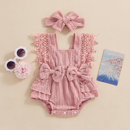 Newborn Baby Girl Lace Romper Ruffle Sleeveless Backless One Piece Jumpsuit Bodysuit with Headband Summer Clothes
