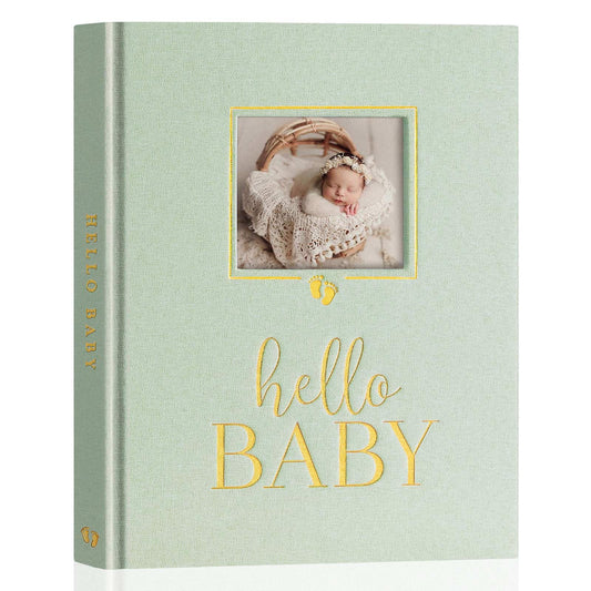 Lanpn Hello Baby Memory Book, Newborn First 5 Year Keepsake with DIY Window, Linen Baby Book Memories Journal Scrapbook Photo Book, Baby Milestone Album for Boy Girl New Parents (Beige, 154 Pages)
