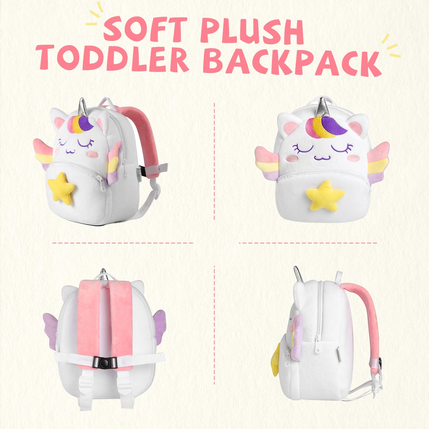 Kasqo Toddler Backpack for Boys and Girls, Kids Backpack Small Cute Animal Soft Plush Mini Backpack for 1-6 Years