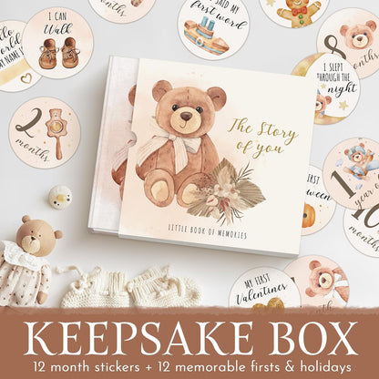 Elegant Design Baby Memory Book for Boy or Girl, Baby 5 Years Journal with Keepsake Sleeve, First Time Mom must have with 24 Baby Milestone Stickers, Scrapbook or Photo Album.