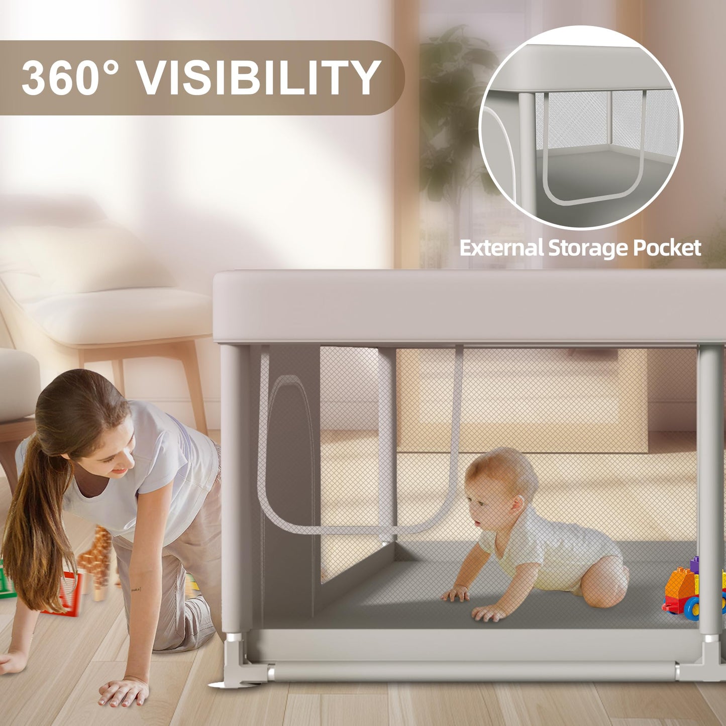 Baby Playpen 50x50 Inch, Play Pens for Babies and Toddlers Baby Fence Baby Play Yards for Indoor & Outdoor with Breathable Mesh Anti-Fall Playpen