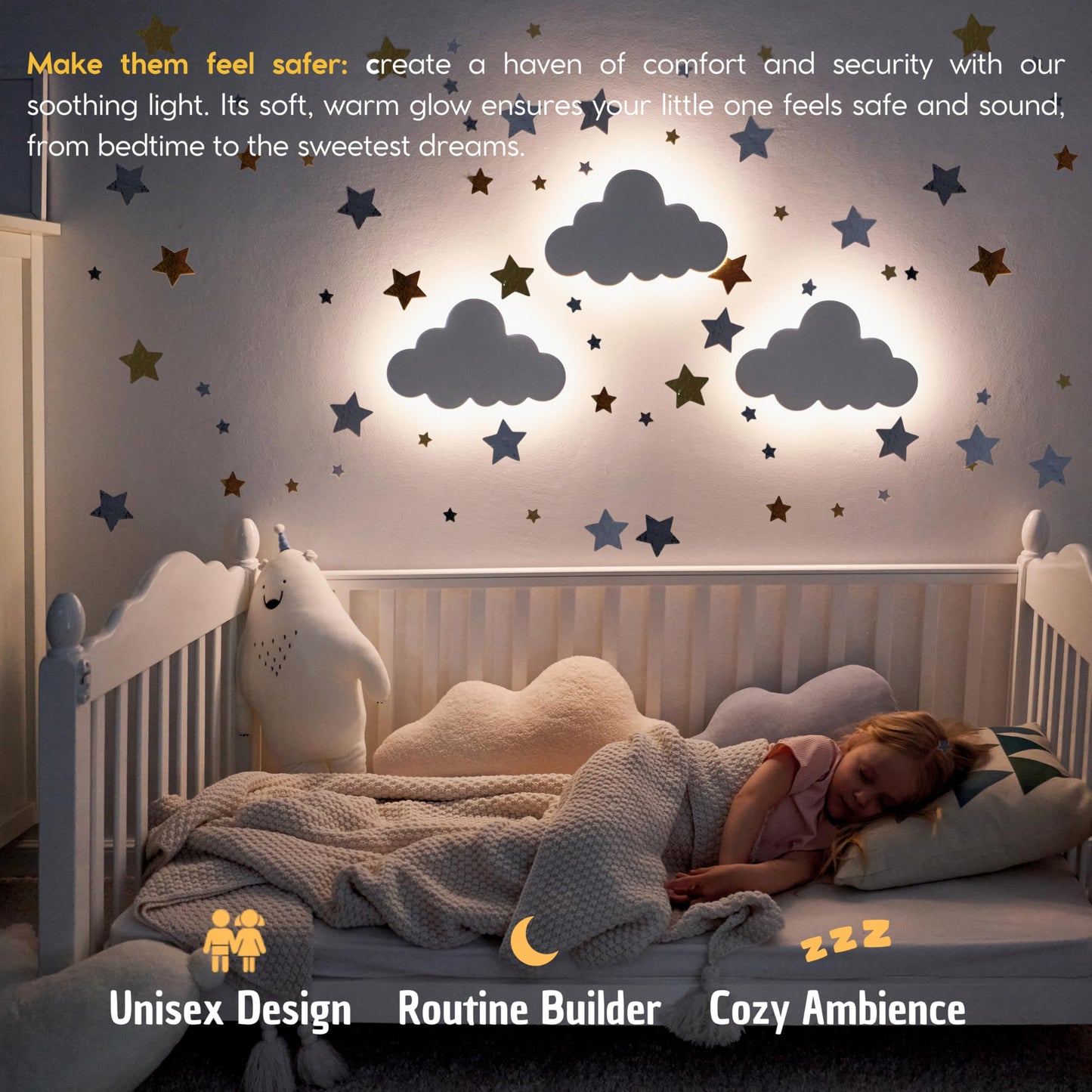 Cloud Lamp (Pack of 1) with Nursery Wall Decals - Baby Night Light - Cloud Nursery Decor - 3 Levels Dimmer - Rechargeable - Baby Room Decor - Nursery Lighting