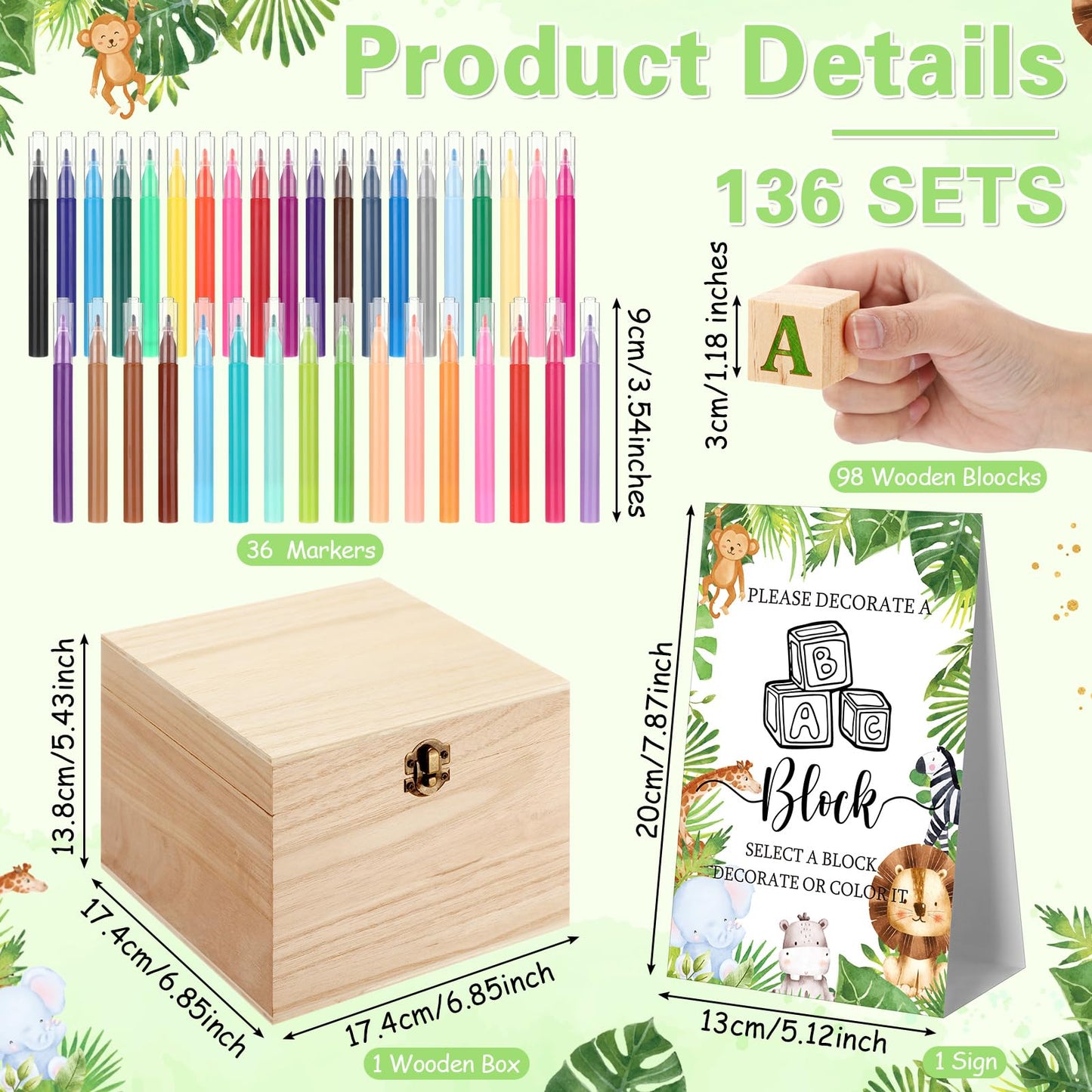 Marsui 136 Pcs Baby Shower Blocks to Decorate Game Kit Includes 98 Wooden Blocks, 36 Markers, 1 Game Sign, 1 Storage Box for Baby Shower Gender Reveal Activity Party Decorations(Pink Elephant)