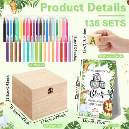 Marsui 136 Pcs Baby Shower Blocks to Decorate Game Kit Includes 98 Wooden Blocks, 36 Markers, 1 Game Sign, 1 Storage Box for Baby Shower Gender Reveal Activity Party Decorations(Pink Elephant)