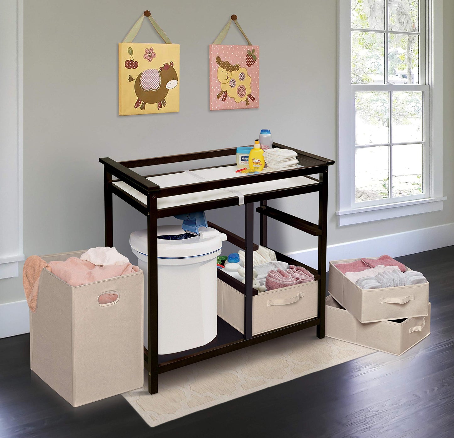 Badger Basket Modern Baby Changing Table - Portable Diaper Station with 3 Drawers Pad & Hamper - Storage Organizer for Baby Clothes, Diapers & Toys - Fresh White/White (34.25 x 20.75 x 34.5)