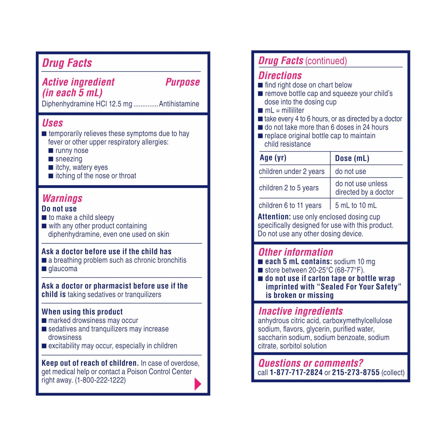 Benadryl Children's Dye-Free Allergy Relief Liquid + 12.5 mg Diphenhydramine HCl, Antihistamine Allergy Medicine for Kids Helps Relieve Runny Nose & Sneezing, Bubble Gum Flavor, 8 fl. oz