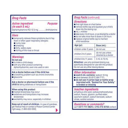 Benadryl Children's Dye-Free Allergy Relief Liquid + 12.5 mg Diphenhydramine HCl, Antihistamine Allergy Medicine for Kids Helps Relieve Runny Nose & Sneezing, Bubble Gum Flavor, 8 fl. oz