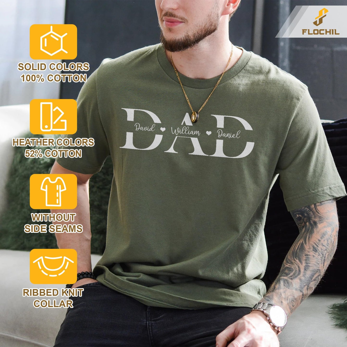 FLOCHIL Personalized Fathers Day Shirts with Kids Name, Custom Dad Shirts for Men, Gifts for Dad, Fathers Day, Christmas