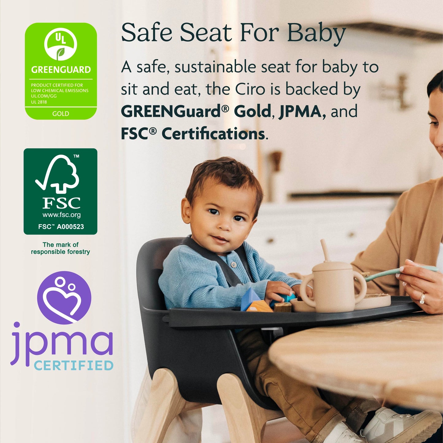 UPPAbaby Ciro High Chair/Sleek, Easy-to-Clean Design/Perfect-Fit Tray to Bring Baby to Table/Patent-Pending Harness/Dual-Position, 180-Degree Rotating Footrest/Caleb (Steel Blue/Rubberwood)