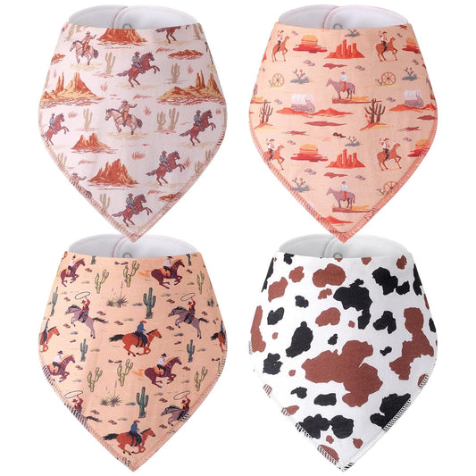 4 Pcs Western Cowboy Baby Bandana Bibs Newborn Infant Feeding Drool Bibs Wild West Cotton Bib for Drooling and Teething Nursery Burp Cloths for Girls Boys