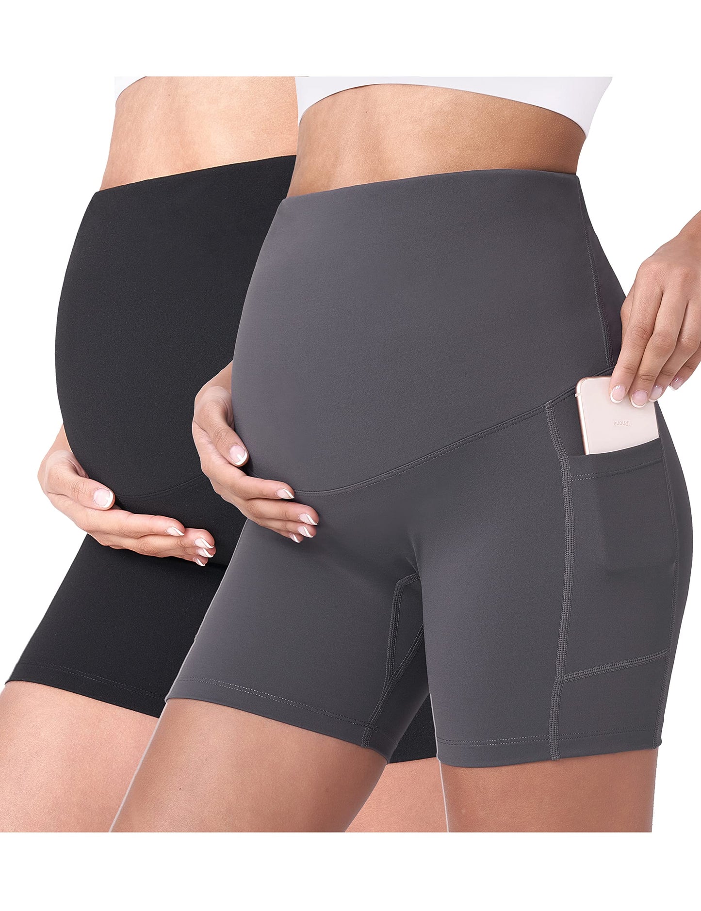 POSHDIVAH Women's Maternity Yoga Shorts Over The Belly Bump Summer Workout Running Active Short Pants with Pockets 5"/8"