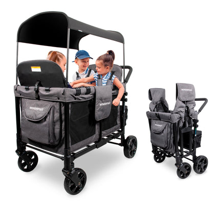 WONDERFOLD W4 Original Stroller Wagon (4 Seater) - Collapsible Wagon Stroller with Seats with 5-Point Harnesses, Easy Access Zipper Door, and Removable Sun Canopy, Black