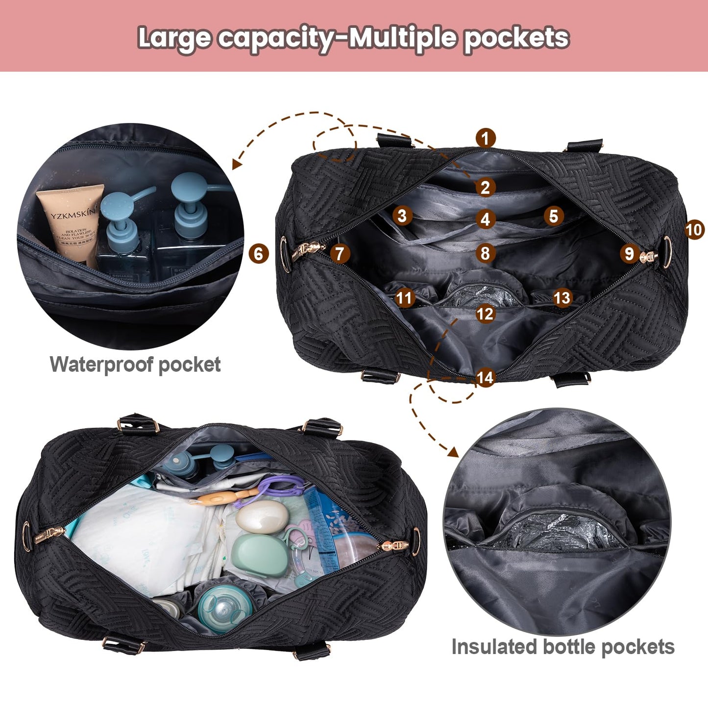 LOVEVOOK Diaper Bag Tote with Pacifier Case and Changing Pad, Large Capacity Mommy Bag for Hospital and Weekender Travel, Functional Baby Bag Newborn Baby Essential, Black