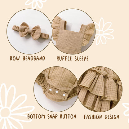 Happy Town Baby Girl Clothes Toddler Summer Linen Romper Sleeveless Ruffle Outfits Infant Girls Jumpsuit with Headband