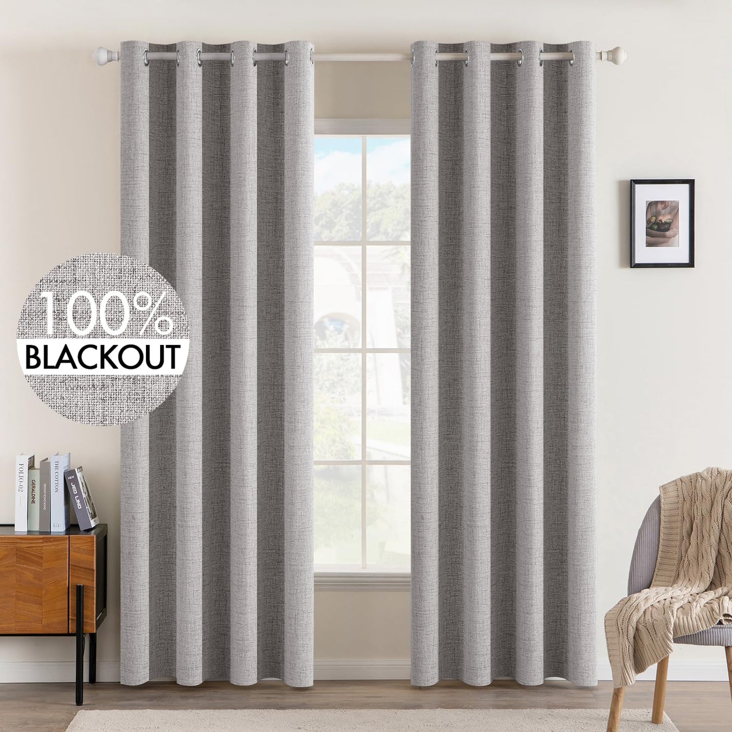 MIULEE 100% Blackout Linen Textured Curtains for Bedroom Solid Thermal Insulated Natural Beige Grommet Room Darkening Curtains & Drapes Luxury Decor for Living Room Nursery 52 x 84 Inch (2 Panels)