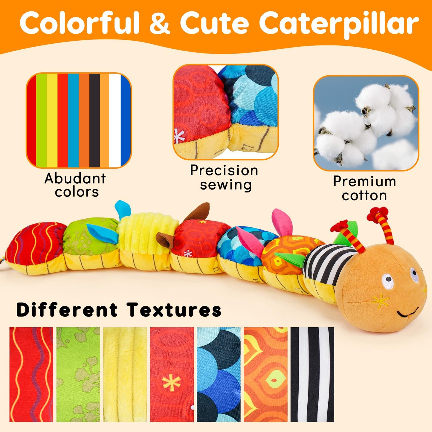 Baby Sensory Toy 0-6 Month Music Animal Stuffed Plush Caterpillar Toy for Infant 0-3-6 Month Tummy Time with Baby Mirror Crinkle Rattle for 6-12 Month Carseat Toy for Newborn Boys Girls Shower Gifts