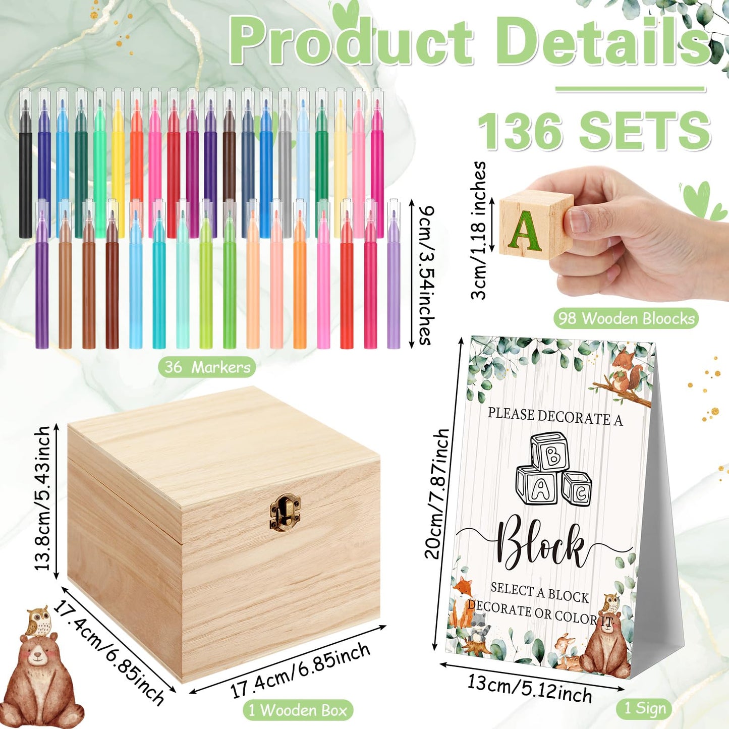 Marsui 136 Pcs Baby Shower Blocks to Decorate Game Kit Includes 98 Wooden Blocks, 36 Markers, 1 Game Sign, 1 Storage Box for Baby Shower Gender Reveal Activity Party Decorations(Pink Elephant)