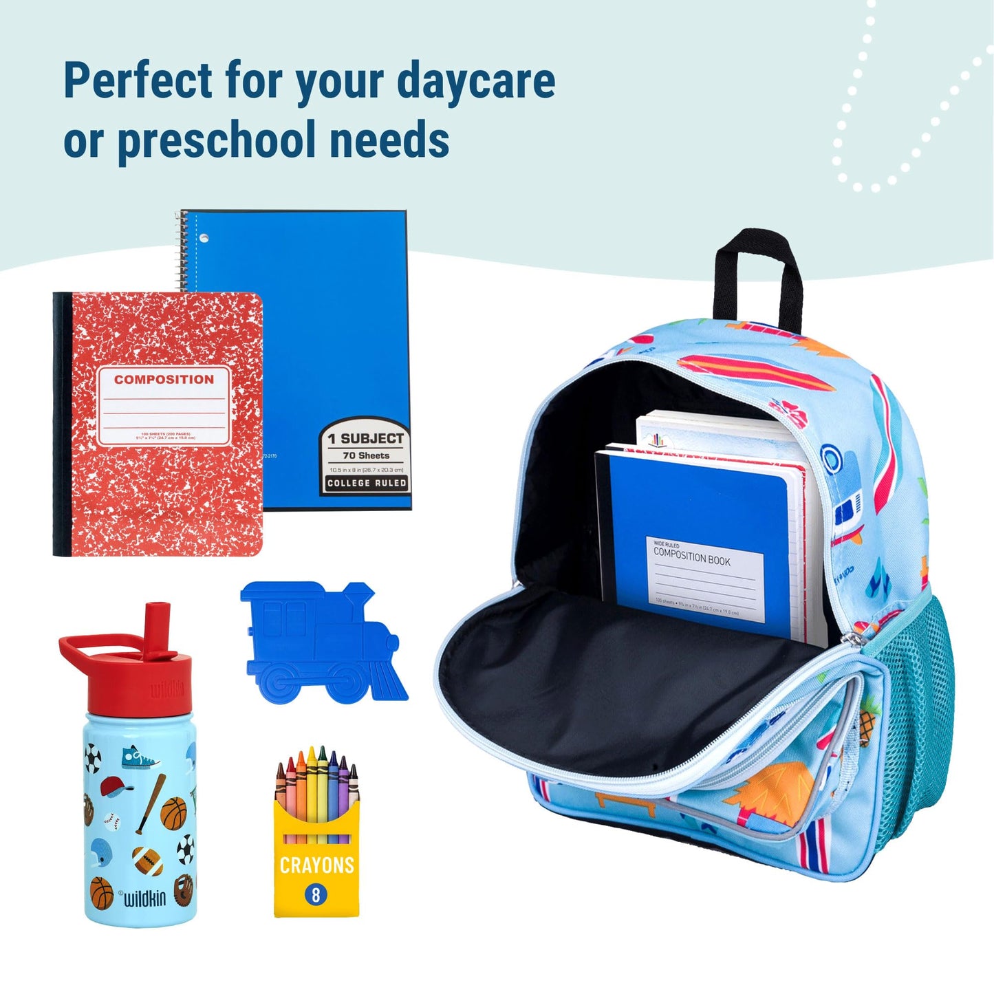 Wildkin 12-inch Kids Backpack – Padded, Adjustable, Ideal for Daycare & Travel - Trains, Planes, and Trucks