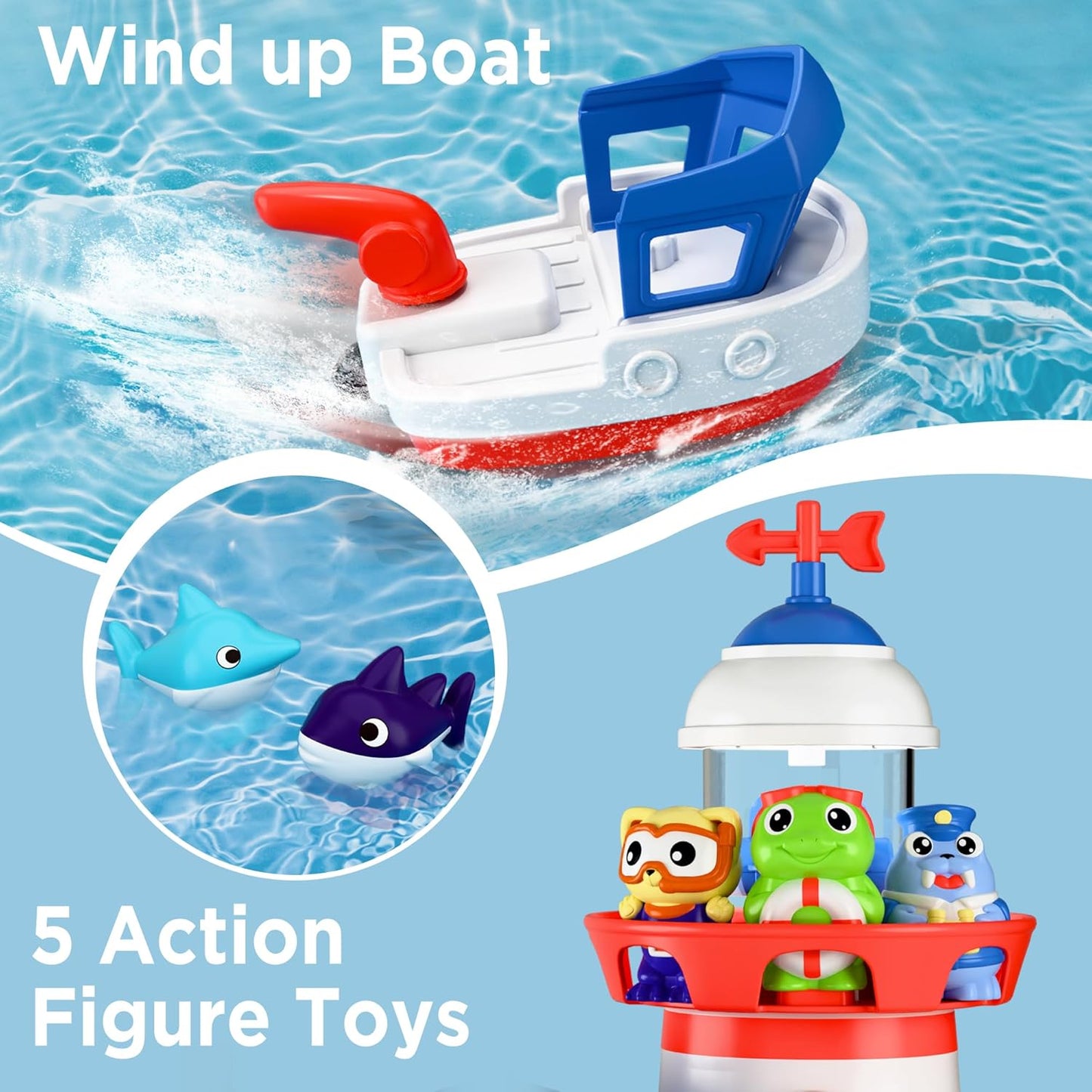 iPlay, iLearn Bath Toys for Toddlers 2-4, Kids Lighthouse Bathtub Shower Toy Set W/ Wind up Swimming Boats, Pool Floating Fish Baby Bathtime Water Play, Birthday Gift 18 Month, 3 5 6 Year Old Boy Girl