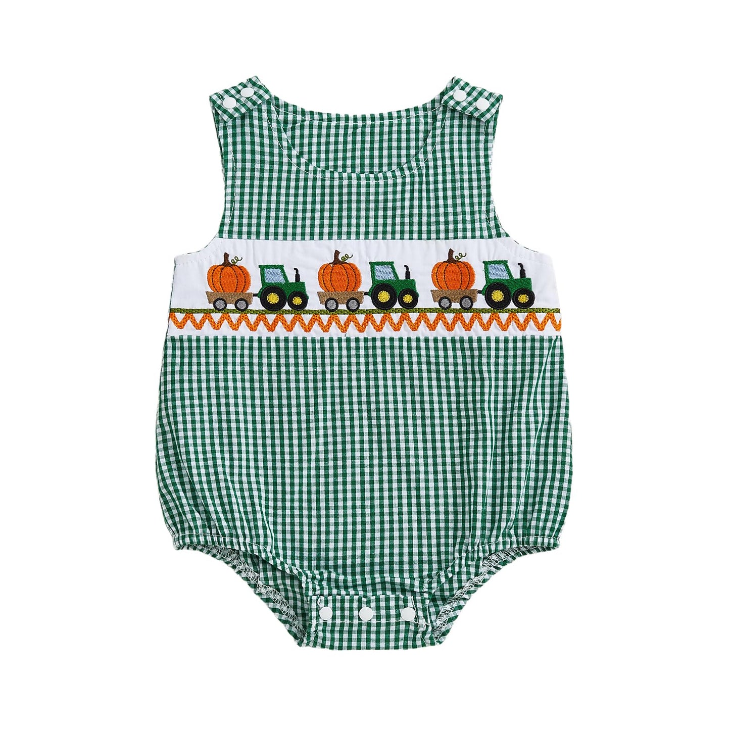 Baby Girl Pumpkin Embroidery Jumpsuit Halloween Sleeveless Round Neck Plaid Tank Romper