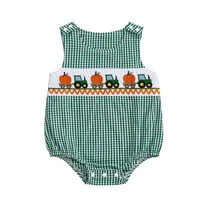 Baby Girl Pumpkin Embroidery Jumpsuit Halloween Sleeveless Round Neck Plaid Tank Romper